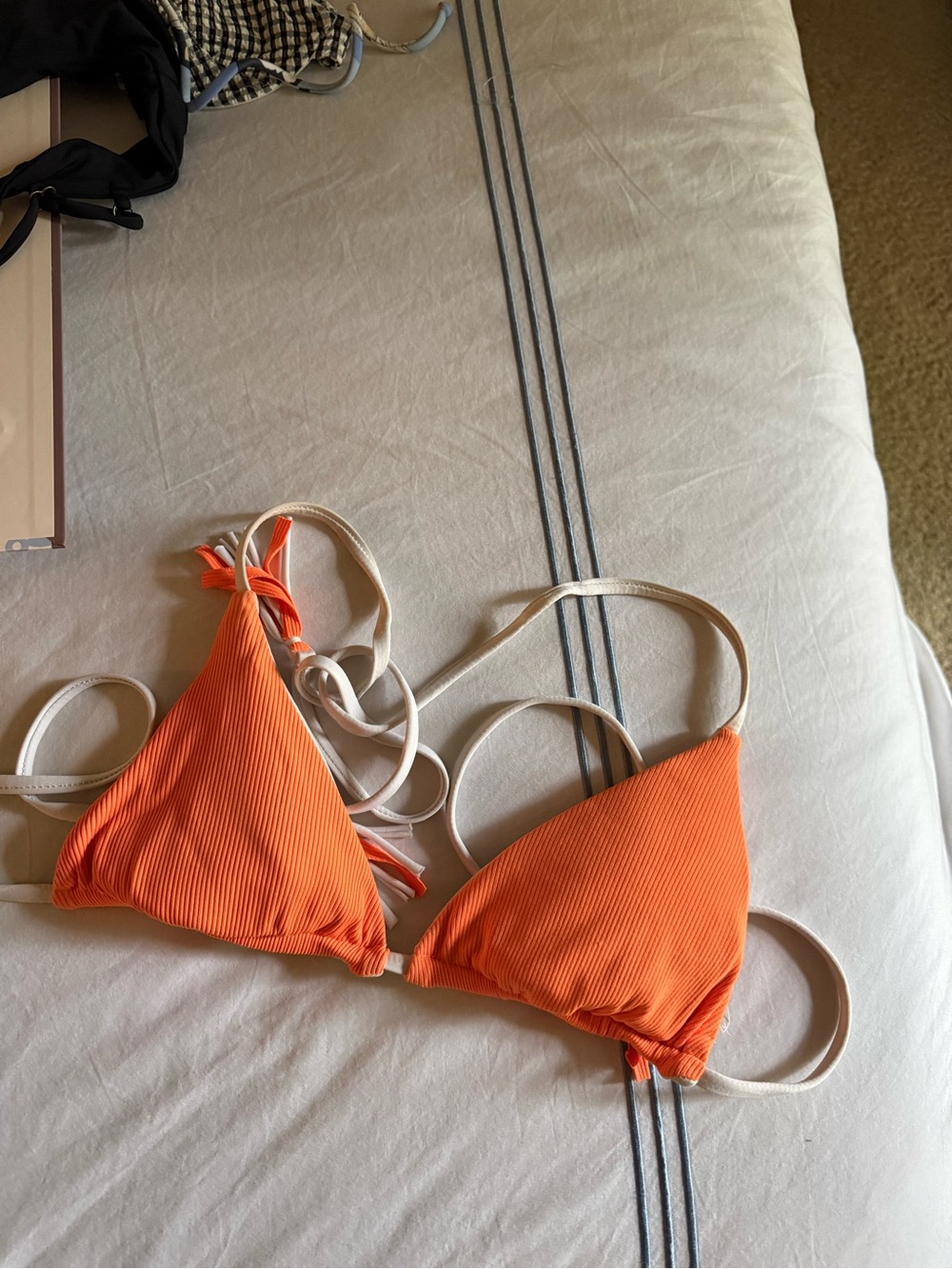 Orange Ribbed Triangle Bikini Top with Cream Straps
